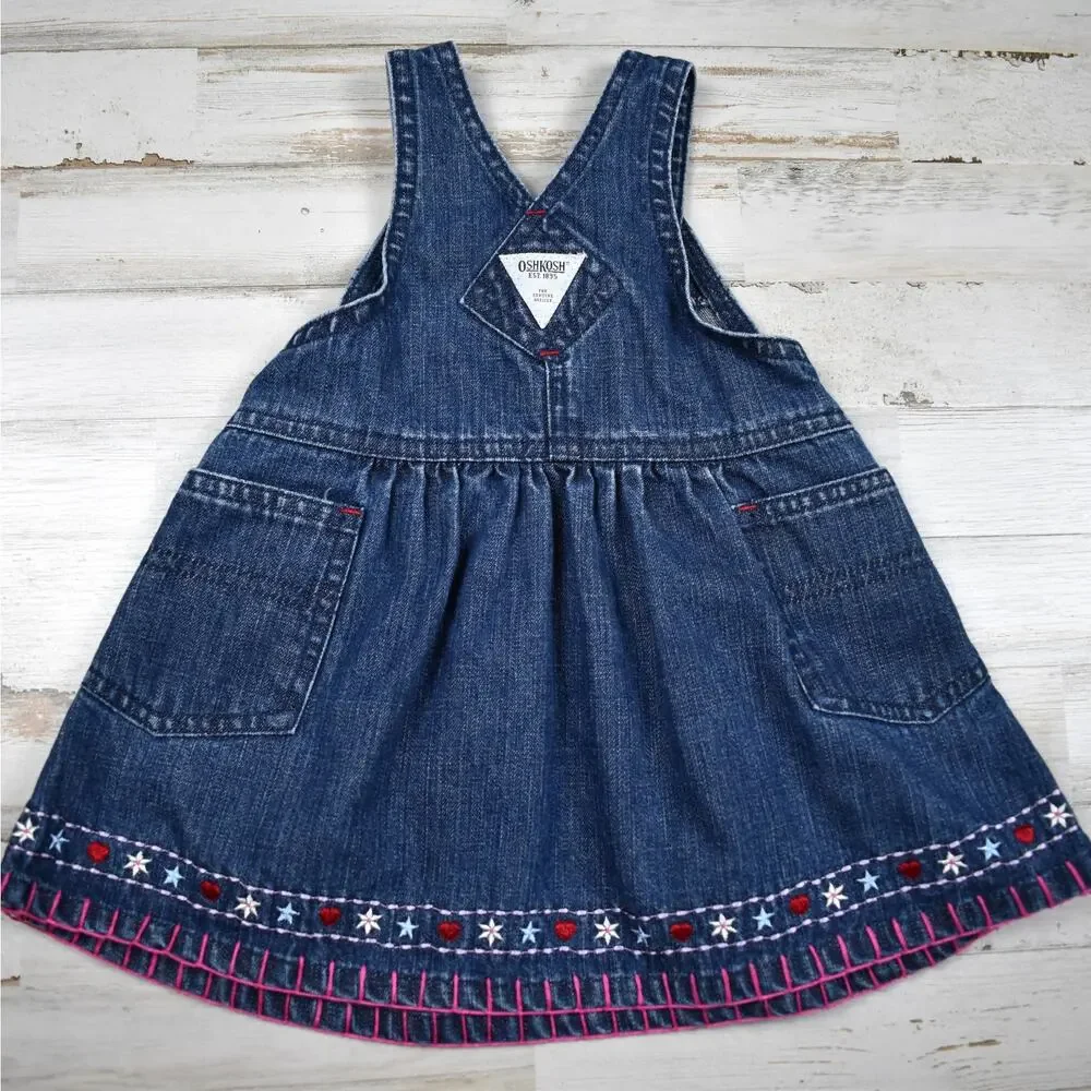OshKosh 12 MO Baby Girl Blue Denim Jean Overall Dress Embroidered Flowers Hearts